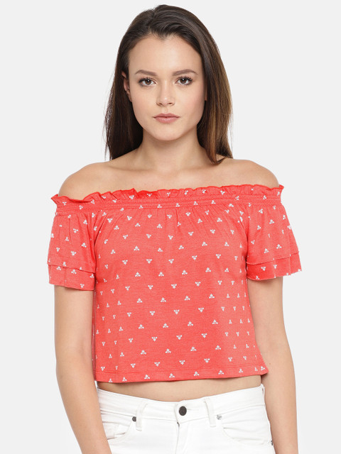 

People Women Peach-Coloured Printed Bardot Top