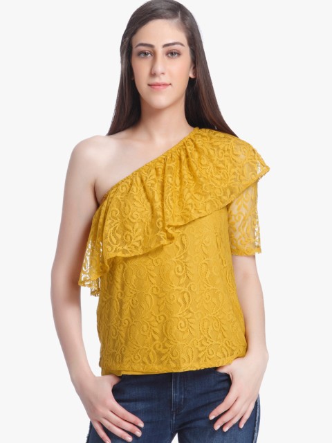 

ONLY Women Mustard Yellow Lace One-Shoulder Ruffled Top