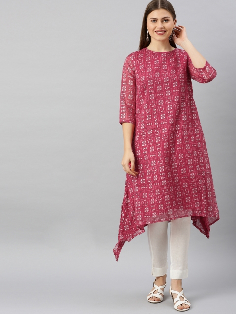 

RANGMANCH BY PANTALOONS Women Magenta & Silver-Toned Checked A-Line Kurta