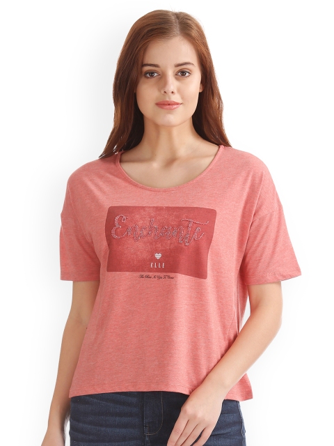 

ELLE Women Pink Printed Scoop Neck T-shirt