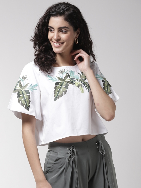 

Madame Women White Embroidered Crop Boxy Pure Cotton Top