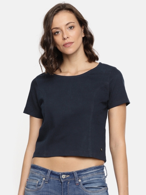 

Elle Women Navy Solid Denim Crop Top, Navy blue