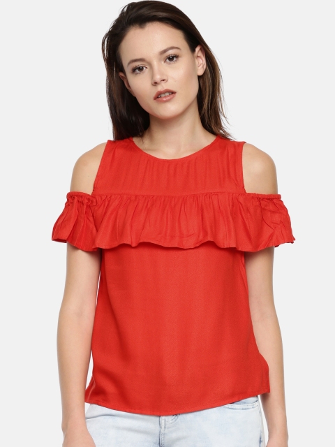 

People Women Red Solid Cold-Shoulder Top