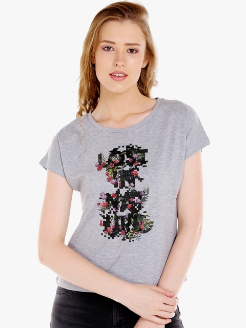 

SPYKAR Women Grey Melange Printed Round Neck T-shirt
