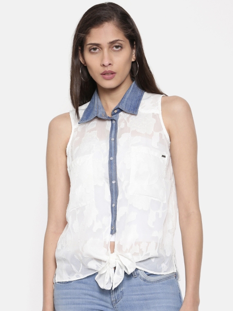 

Elle Women White Self Design Shirt Style Top