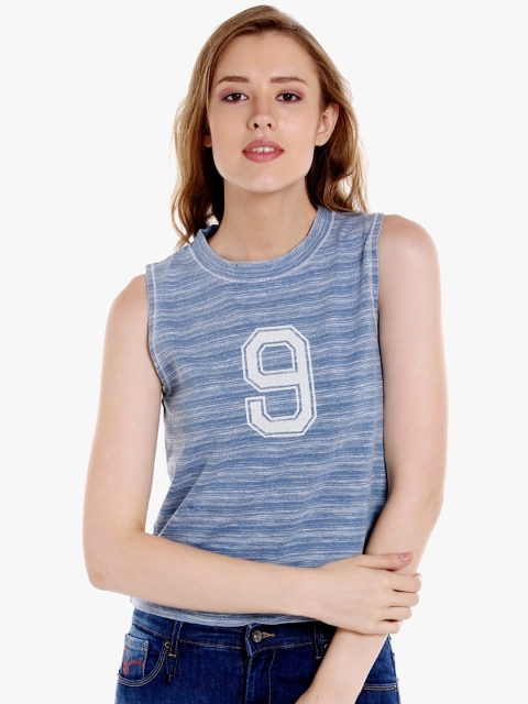 

SPYKAR Women Blue Striped Round Neck T-shirt