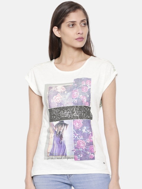 

Elle Women Off-White Printed Round Neck T-shirt