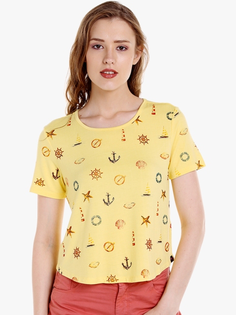 

SPYKAR Women Yellow Printed Round Neck T-shirt