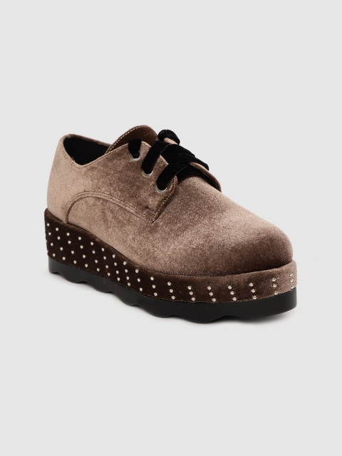 

Madame Women Brown Velvet Finish Solid Flatform Sneakers with Embellished Detail
