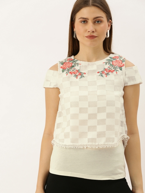 

OPt Women White Self Design Pure Cotton Top With Embroidery