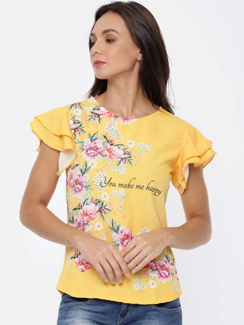 

OPt Women Yellow Printed Embellished Top
