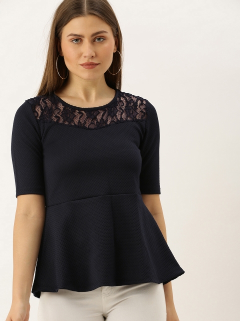 

Jealous 21 Women Navy Blue Self Design Peplum Top With Lace inserts