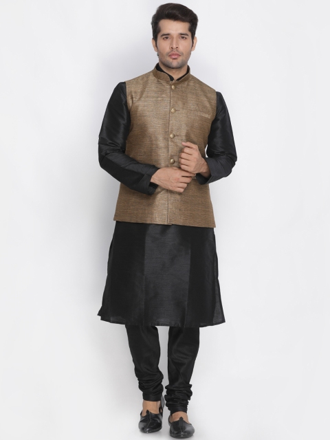 

VASTRAMAY Men Coffee Brown Nehru Jacket & Black Solid Kurta with Pyjamas