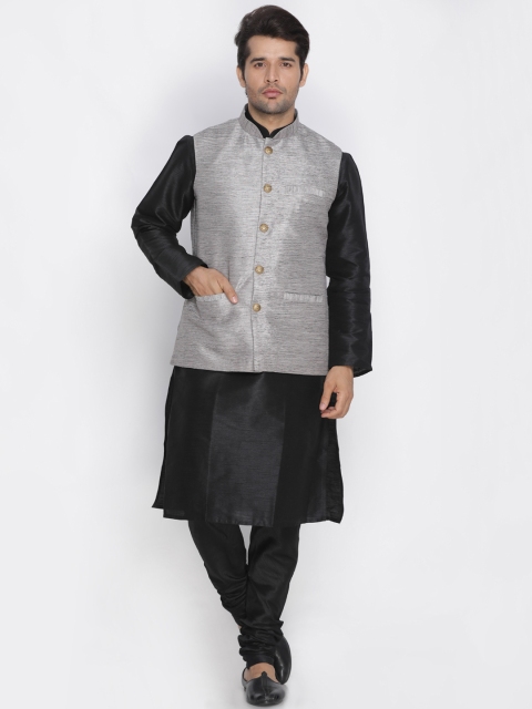 

VASTRAMAY Men Black & Silver-Toned Solid Kurta Set with Nehru Jacket