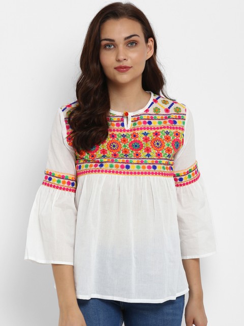

Bhama Couture Women White Embroidered Empire Pure Cotton Top