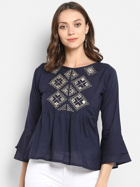 

Bhama Couture Women Navy Blue Printed Empire Pure Cotton Top