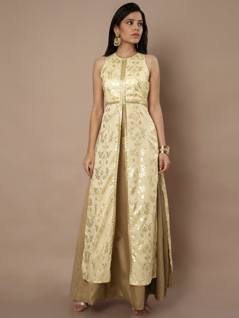 

INDYA Women Beige & Gold-Toned Embellished A-Line Kurta