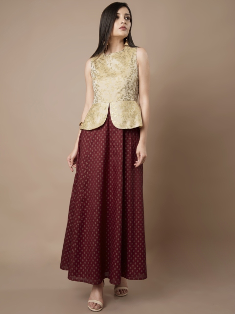 

INDYA Women Golden-Colored Self Design Peplum Dress, Gold