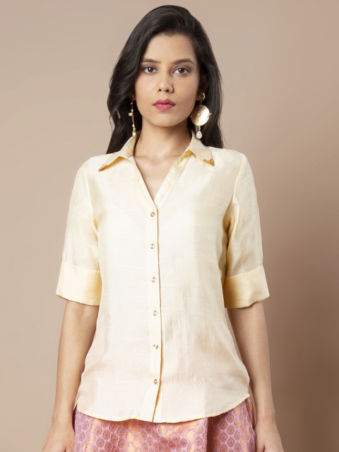 

INDYA Women Off-White Solid Shirt Style Top