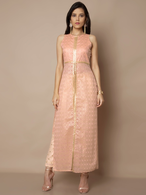 

INDYA Women Peach-Coloured & Gold-Toned Printed Straight Kurta