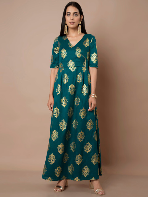

INDYA Women Teal Blue Printed Maxi Dress