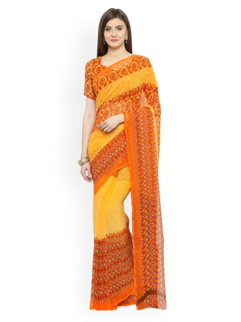

Shaily Orange & Yellow Pure Georgette Printed Banarasi Saree