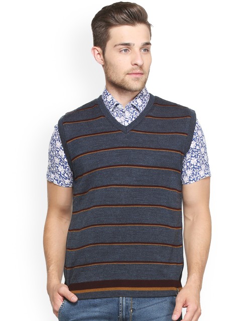 

Peter England Men Maroon & Grey Striped Reversible Sweater Vest