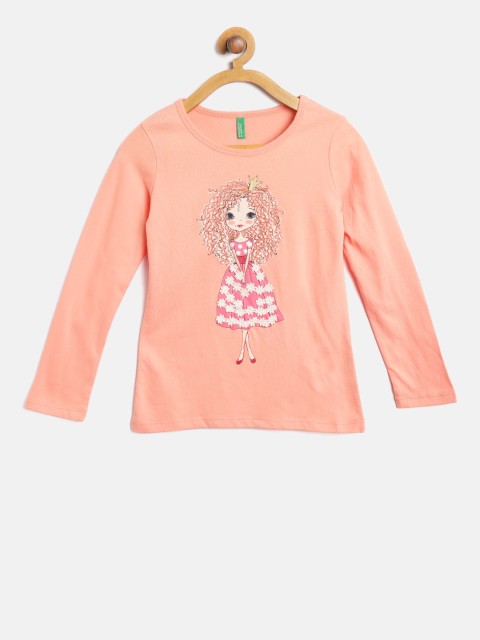 

United Colors of Benetton Girls Peach-Coloured Printed Round Neck T-shirt