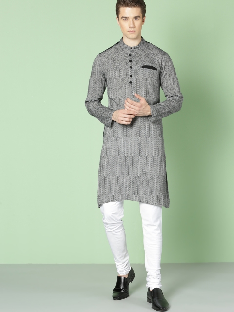 

House of Pataudi Men Grey & Black Woven Design Straight Kurta