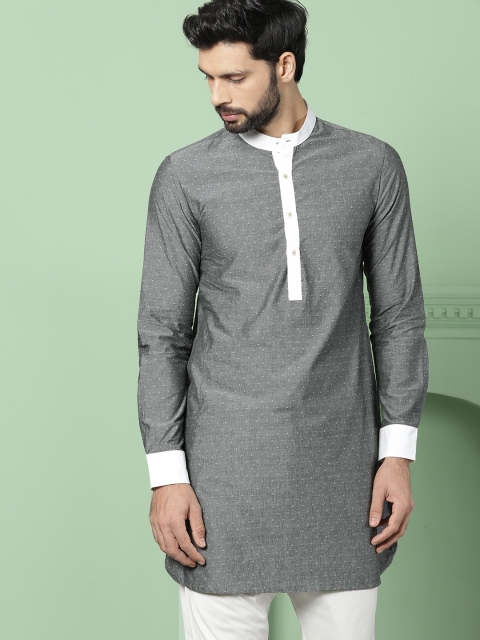 

House of Pataudi Men Grey Woven Design Straight Kurta