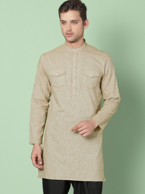 

House of Pataudi Men Beige Solid Straight Handloom Kurta