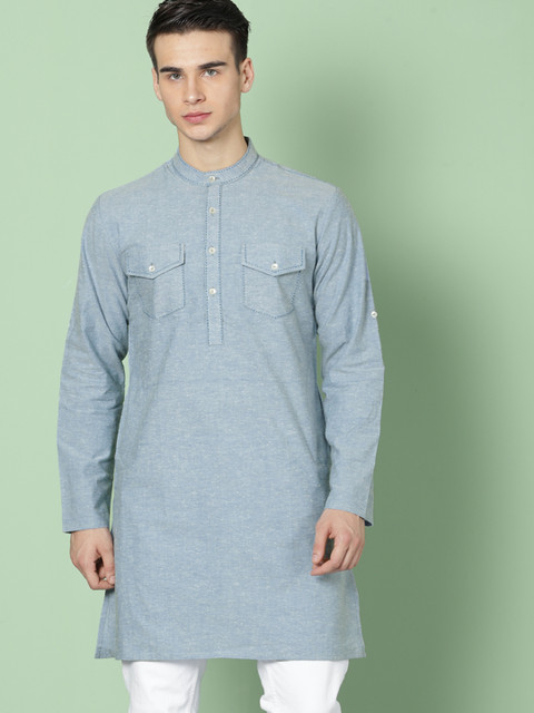 

House of Pataudi Men Blue Solid Straight Handloom Kurta