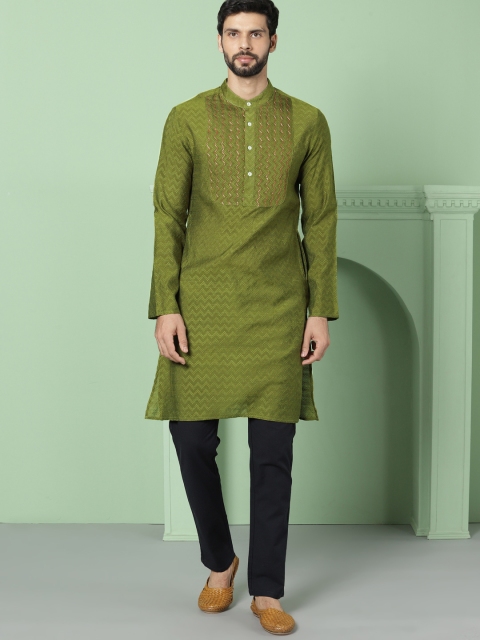 

House of Pataudi Men Green Woven Design Straight Kurta