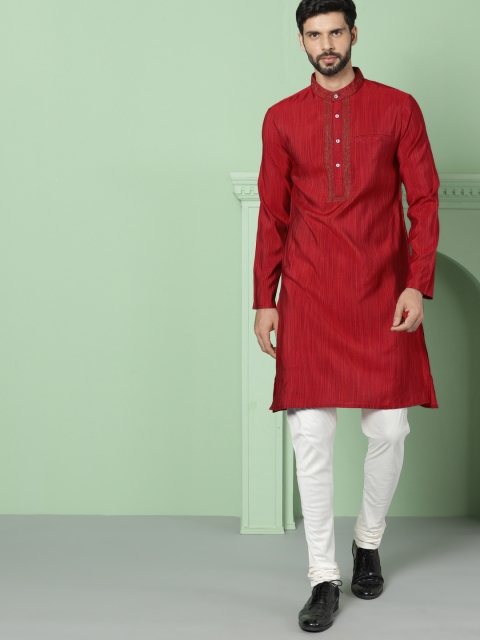 

House of Pataudi Men Maroon Striped Straight Kurta