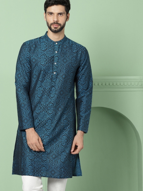 

House of Pataudi Men Blue & Black Printed Straight Kurta