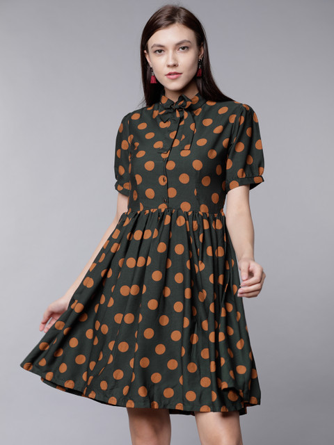 

Tokyo Talkies Women Olive Green & Rust Orange Printed Fit & Flare Dress