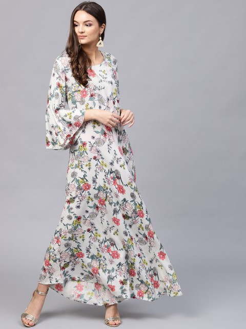 

ANAISA Women Off-White & Pink Floral Print Maxi Dress