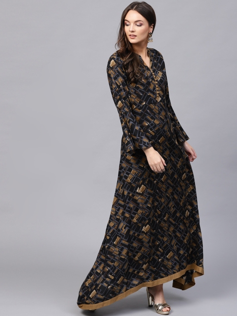 

ANAISA Women Navy Blue & Brown Printed Maxi Dress