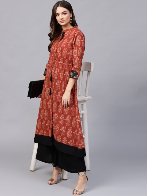 

ANAISA Women Rust Red & Beige Printed A-Line Kurta