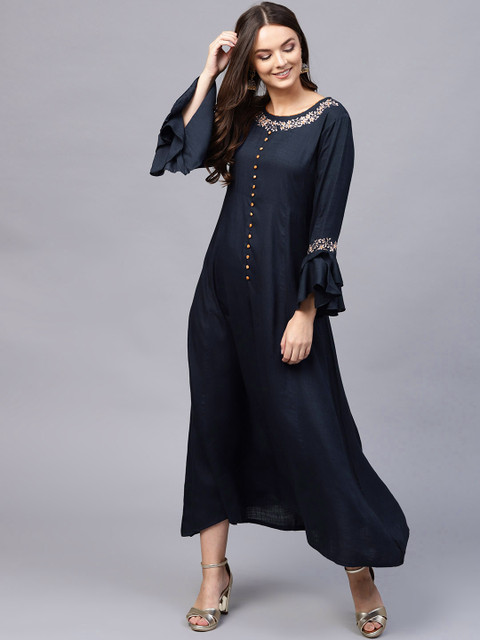 

ANAISA Women Navy Blue Embroidered Maxi Dress