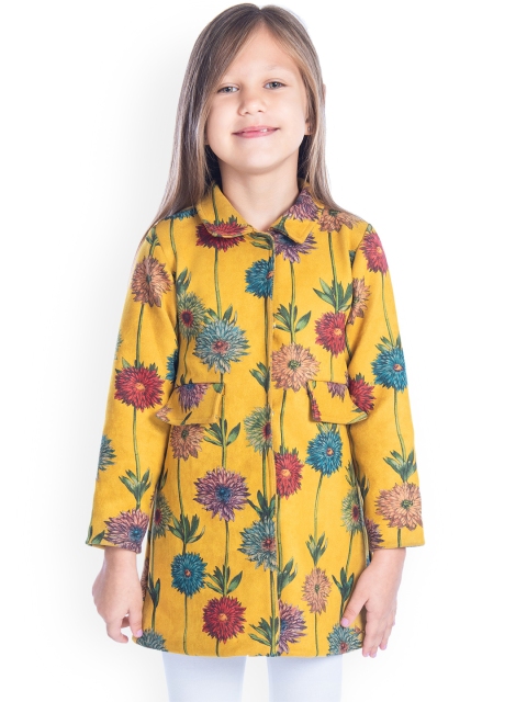 

Cherry Crumble Girls Mustard-Yellow Printed Longline Coat