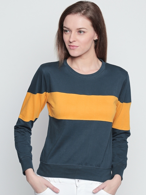 

The Dry State Women Teal Green & Mustard Yellow Colourblocked Sweatshirt