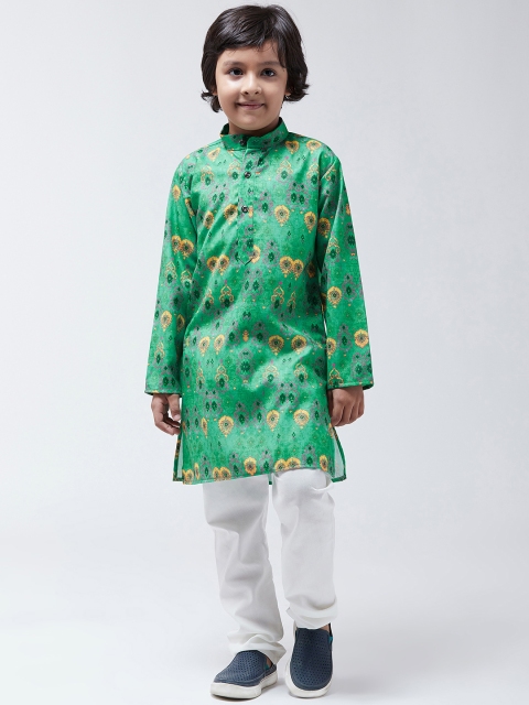 

SOJANYA Boys Green & White Printed Kurta with Churidar