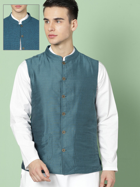 

House of Pataudi Men Teal Blue Reversible Solid Nehru Jacket