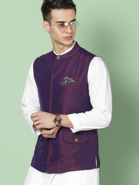 

House of Pataudi Men Purple Solid Nehru Jacket