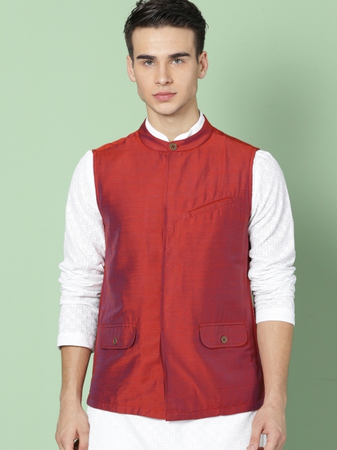 

House of Pataudi Men Red Solid Nehru Jacket