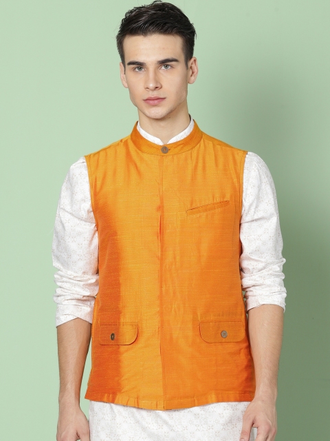 

House of Pataudi Men Mustard Yellow Solid Nehru Jacket