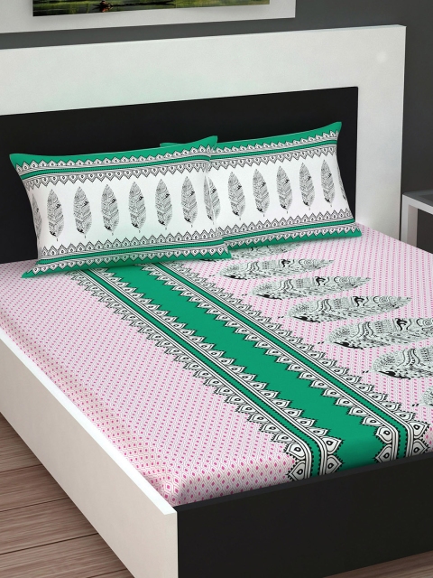 

Divine Casa Pink & Green Abstract Flat 160 TC Cotton 1 Extra Large Bedsheet with 2 Pillow Covers