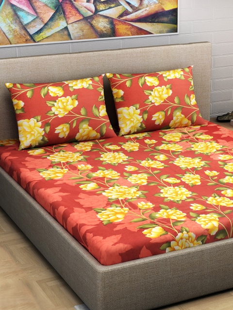 

Divine Casa Rust & Mustard Floral Flat 180 TC Cotton 1 Queen Bedsheet with 2 Pillow Covers