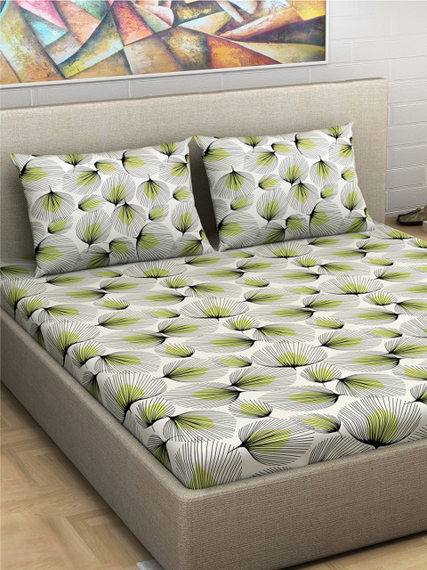 

Divine Casa Off-White & Olive Green Floral Flat 180 TC Cotton 1 Queen Bedsheet with 2 Pillow Covers